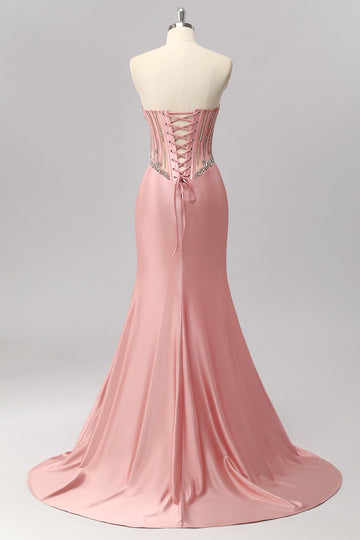 Mermaid Strapless Corset Blush Prom Dress With Beading